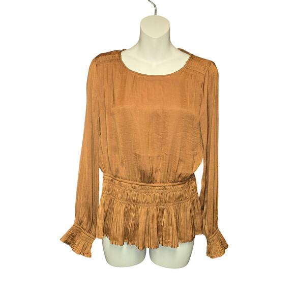 T Tahari Womens Small Blouse Brown Smocked Long Sleeve Pleated Boho Festival - Picture 1 of 10